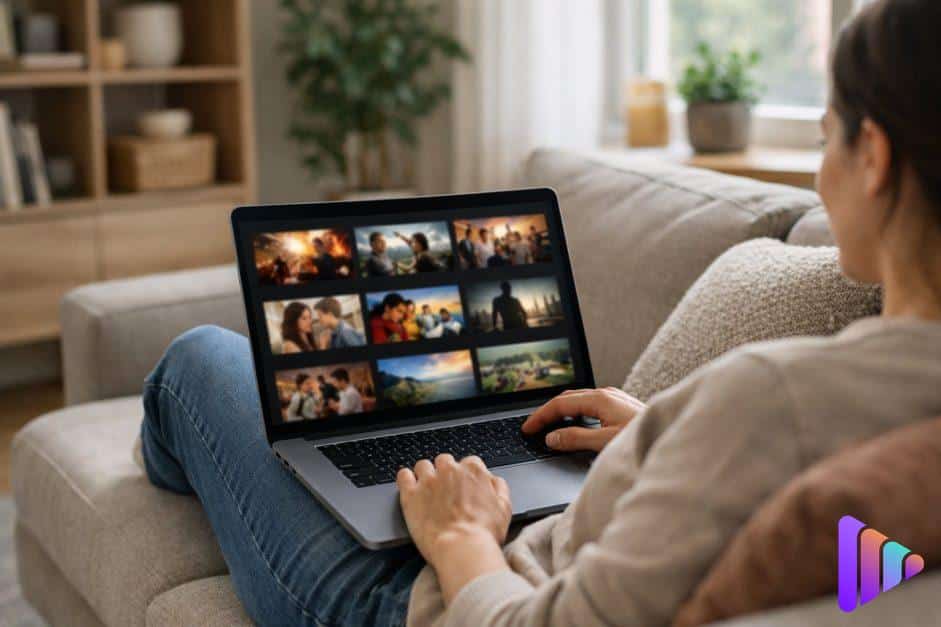 Illustration of a person browsing streaming entertainment on a laptop at home
